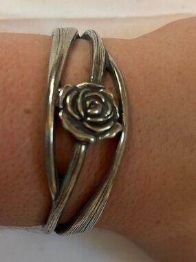 Antique Silver-Tone Rose Cuff Bracelet - Women's Floral Accent